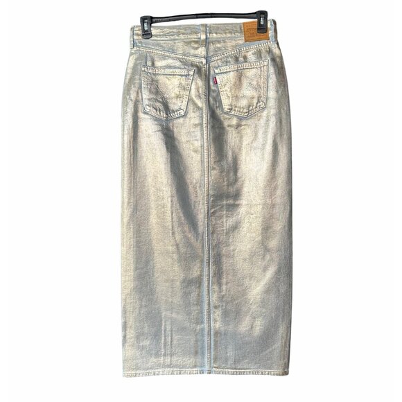 ⭐LEVI'S Revolve Women's Ankle Column Denim Maxi Skirt Sz 26 Shiny Metallic Gold⭐ - Picture 5 of 12